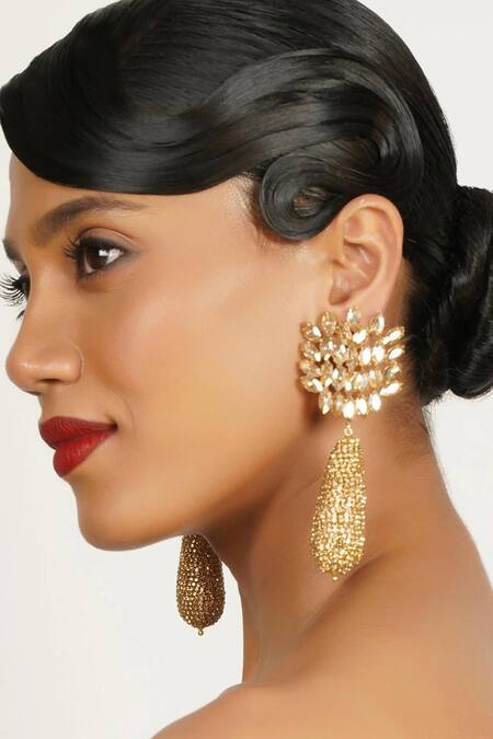 Bijoux By Priya Chandna_Gold Plated Crystals Blossom Embellished Danglers _Online_at_Aza_Fashions
