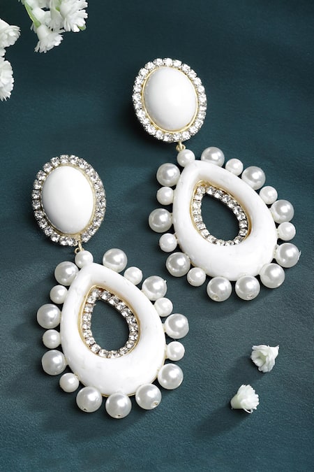 Shop_Bijoux By Priya Chandna_White Pearls, Rhinestones Round Top Embellished Dangler Earrings _at_Aza_Fashions