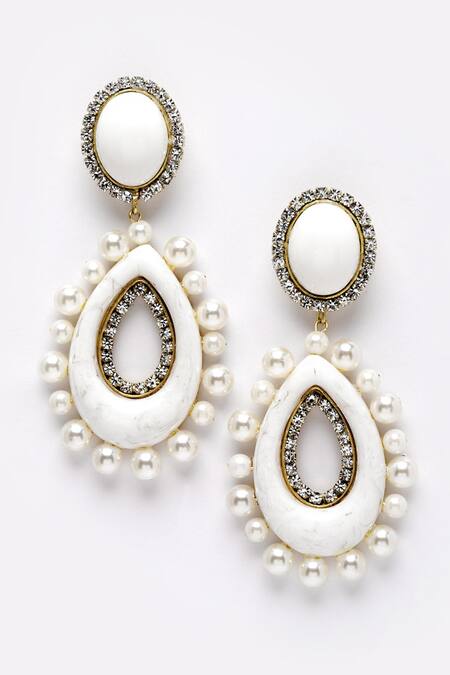 Bijoux By Priya Chandna_White Pearls, Rhinestones Round Top Embellished Dangler Earrings _Online_at_Aza_Fashions