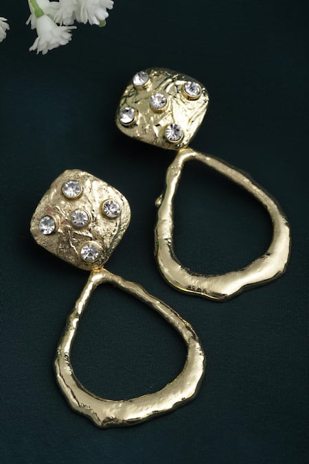 Shop_Bijoux By Priya Chandna_Gold Plated Crystals Embellished Hammered Danglers _at_Aza_Fashions