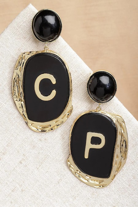 Shop_Bijoux By Priya Chandna_Black Letter Embellished Earrings _at_Aza_Fashions