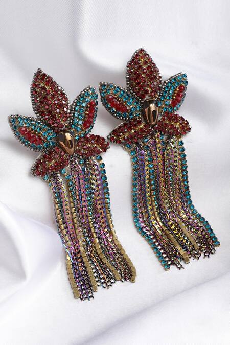 Shop_Bijoux By Priya Chandna_Multi Color Crystals Floral Waterfall Earrings _at_Aza_Fashions