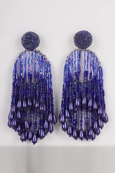 Shop_Bijoux By Priya Chandna_Blue Pearls, Crystals, Beads Studded Tassel Earrings _at_Aza_Fashions