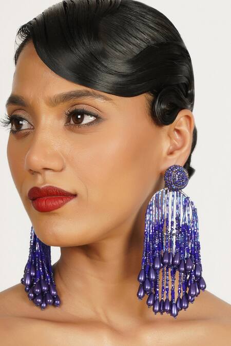 Bijoux By Priya Chandna_Blue Pearls, Crystals, Beads Studded Tassel Earrings _Online_at_Aza_Fashions