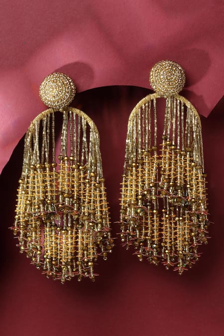 Shop_Bijoux By Priya Chandna_Gold Plated Pearls, Crystals, Beads Studded Tassel Earrings _at_Aza_Fashions