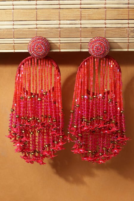 Shop_Bijoux By Priya Chandna_Red Pearls, Crystals, Beads Studded Tassel Earrings _at_Aza_Fashions