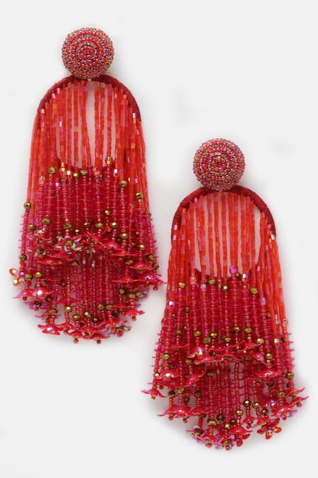 Bijoux By Priya Chandna_Red Pearls, Crystals, Beads Studded Tassel Earrings _Online_at_Aza_Fashions