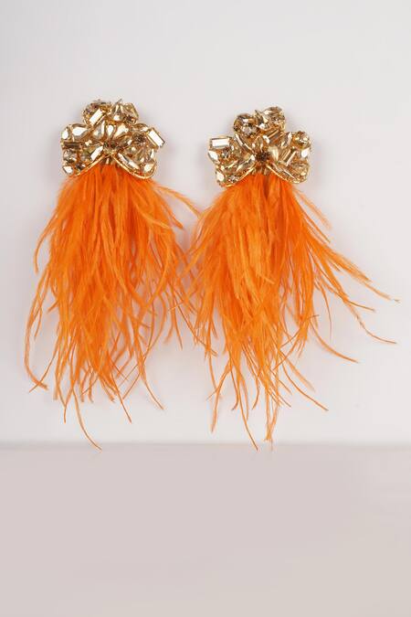 Shop_Bijoux By Priya Chandna_Orange Crystals, Feathers Studded Earrings _at_Aza_Fashions