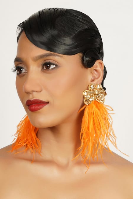 Buy_Bijoux By Priya Chandna_Orange Crystals, Feathers Studded Earrings _Online_at_Aza_Fashions