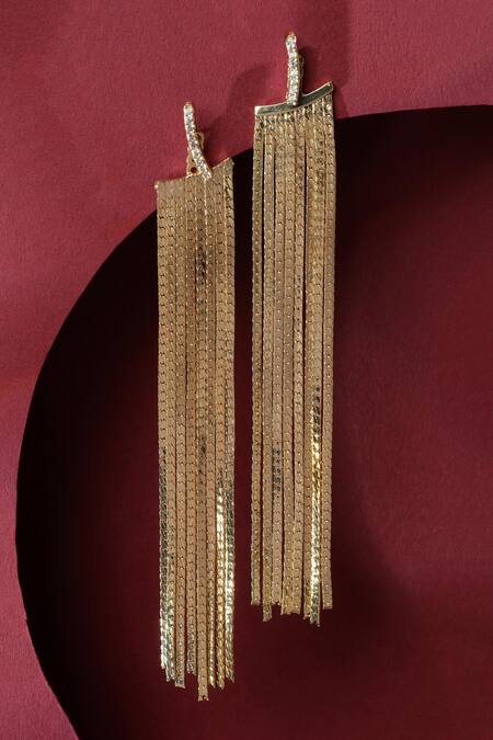 Shop_Bijoux By Priya Chandna_Gold Plated Stones Chain Tassel Earrings _at_Aza_Fashions