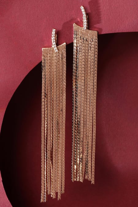 Shop_Bijoux By Priya Chandna_Rose Gold Stones Tasselled Chain Earrings _at_Aza_Fashions