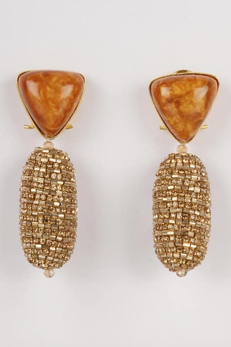 Shop_Bijoux By Priya Chandna_Gold Plated Crystals, Stones, Beads Embellished Cylindrical Earrings _at_Aza_Fashions