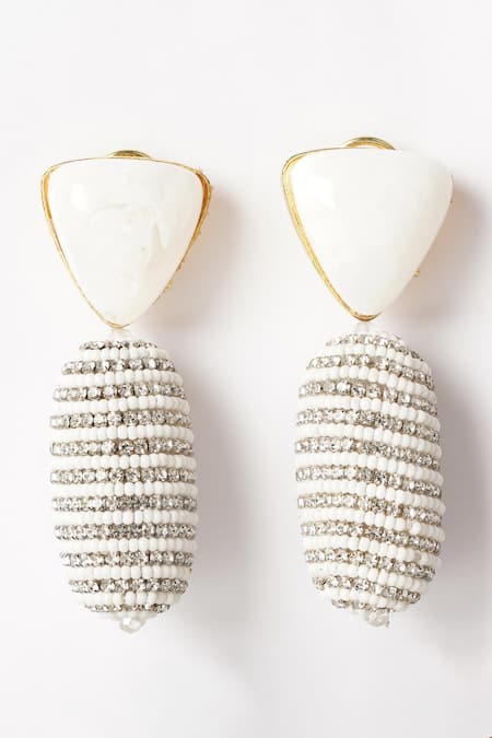 Shop_Bijoux By Priya Chandna_White Crystals, Stones, Beads Embellished Cylindrical Earrings _at_Aza_Fashions
