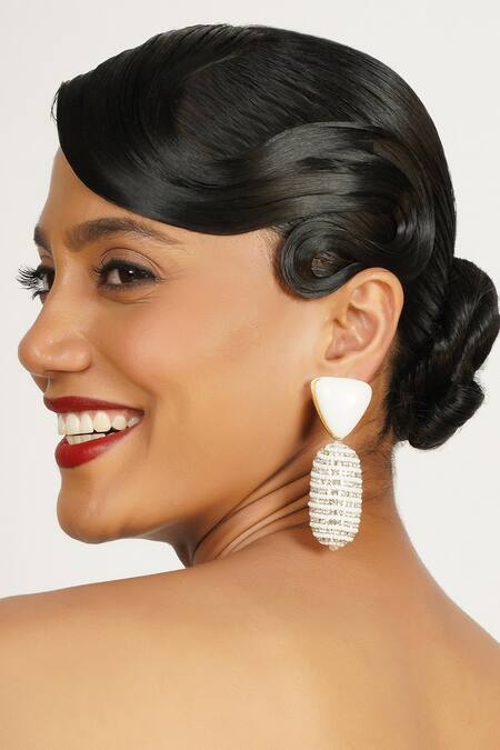 Bijoux By Priya Chandna_White Crystals, Stones, Beads Embellished Cylindrical Earrings _Online_at_Aza_Fashions