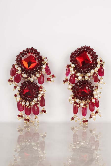 Shop_Bijoux By Priya Chandna_Red Crystals, Pearls, Stones Embellished Cascade Chandelier Earrings _at_Aza_Fashions