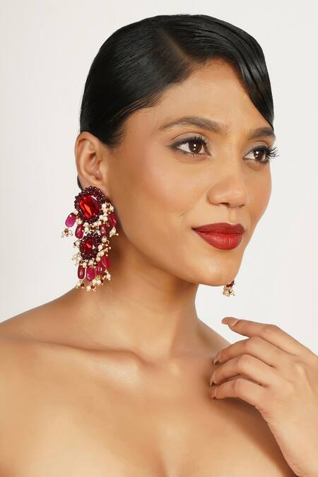 Bijoux By Priya Chandna_Red Crystals, Pearls, Stones Embellished Cascade Chandelier Earrings _Online_at_Aza_Fashions
