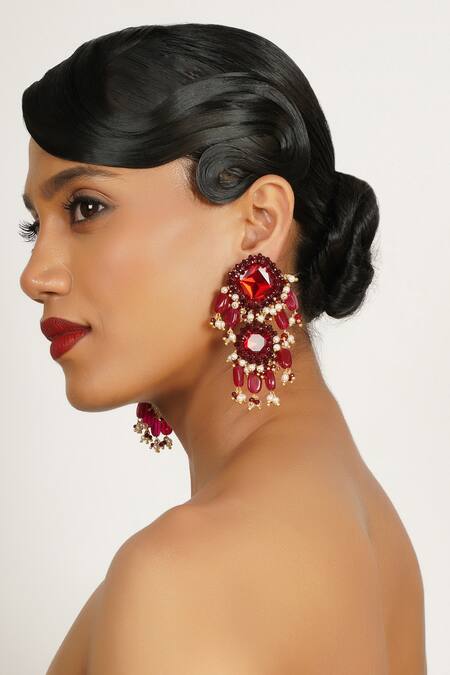 Buy_Bijoux By Priya Chandna_Red Crystals, Pearls, Stones Embellished Cascade Chandelier Earrings _Online_at_Aza_Fashions