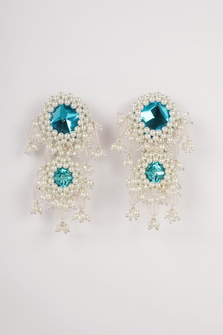 Shop_Bijoux By Priya Chandna_Blue Crystals, Pearls, Stones Embellished Cascade Chandelier Earrings _at_Aza_Fashions