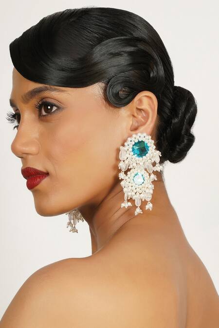 Bijoux By Priya Chandna_Blue Crystals, Pearls, Stones Embellished Cascade Chandelier Earrings _Online_at_Aza_Fashions