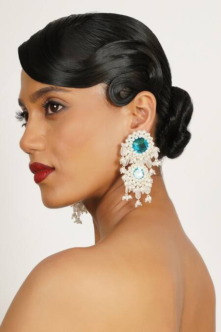 Buy_Bijoux By Priya Chandna_Blue Crystals, Pearls, Stones Embellished Cascade Chandelier Earrings _Online_at_Aza_Fashions