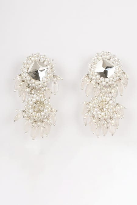 Shop_Bijoux By Priya Chandna_White Crystals, Pearls, Stones Cascade Embellished Chandelier Earrings _at_Aza_Fashions