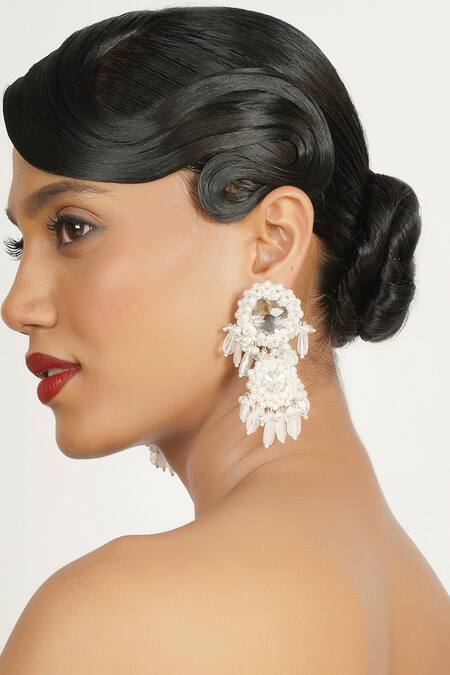 Bijoux By Priya Chandna_White Crystals, Pearls, Stones Cascade Embellished Chandelier Earrings _Online_at_Aza_Fashions