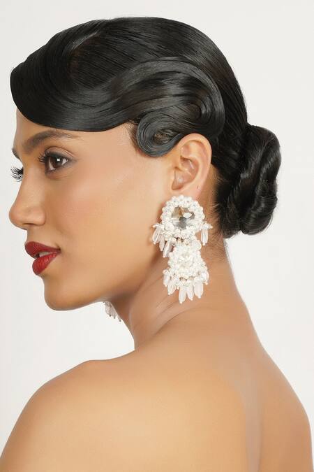 Buy_Bijoux By Priya Chandna_White Crystals, Pearls, Stones Cascade Embellished Chandelier Earrings _Online_at_Aza_Fashions