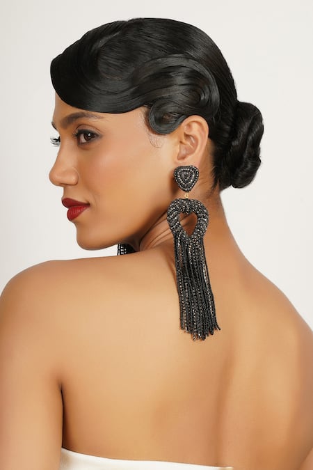 Shop_Bijoux By Priya Chandna_Black Crystals, Stones Embellished Heart Tassel Earrings _at_Aza_Fashions