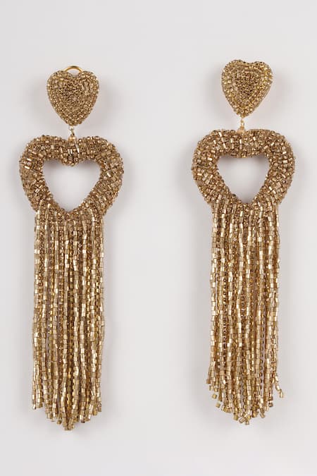 Shop_Bijoux By Priya Chandna_Gold Plated Crystals, Stones Heart Embellished Tassel Earrings _at_Aza_Fashions