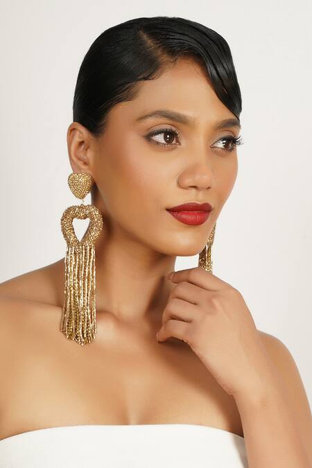 Bijoux By Priya Chandna_Gold Plated Crystals, Stones Heart Embellished Tassel Earrings _Online_at_Aza_Fashions