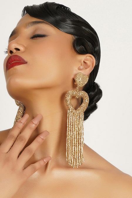 Buy_Bijoux By Priya Chandna_Gold Plated Crystals, Stones Heart Embellished Tassel Earrings _Online_at_Aza_Fashions