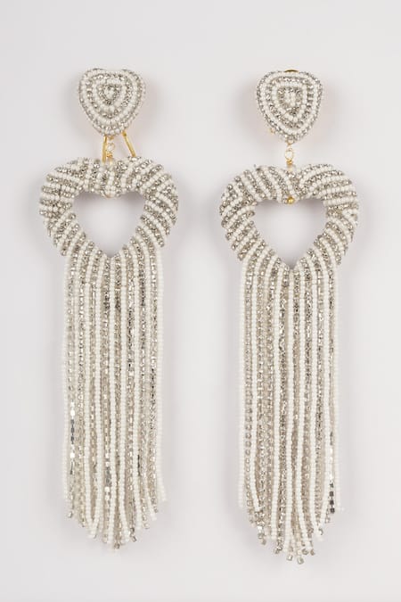 Shop_Bijoux By Priya Chandna_White Crystals, Stones Heart Tassel Embellished Earrings _at_Aza_Fashions