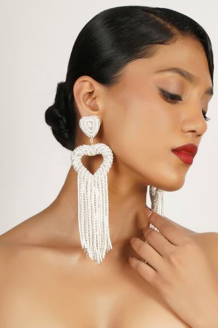 Bijoux By Priya Chandna_White Crystals, Stones Heart Tassel Embellished Earrings _Online_at_Aza_Fashions