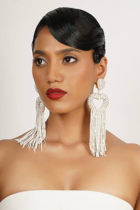 Buy_Bijoux By Priya Chandna_White Crystals, Stones Heart Tassel Embellished Earrings _Online_at_Aza_Fashions
