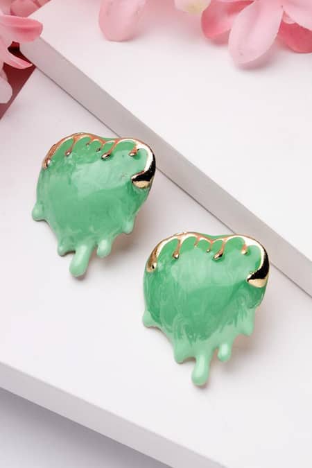 Shop_Bijoux By Priya Chandna_Green Embroidery Enamel Heart Stud Earrings _at_Aza_Fashions
