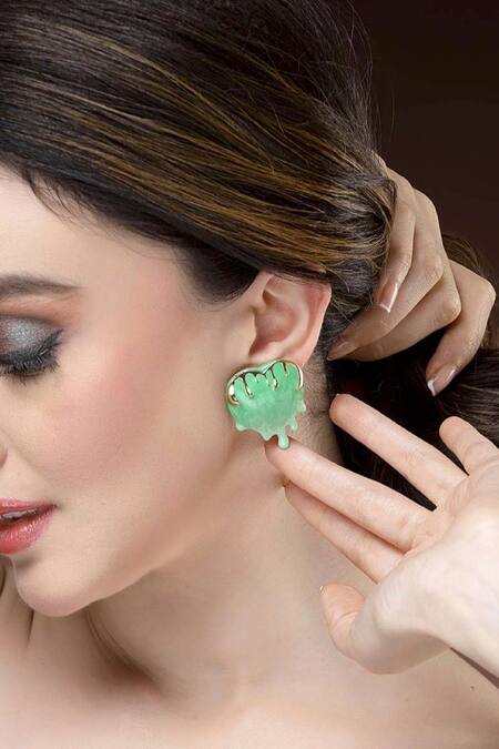 Shop_Bijoux By Priya Chandna_Green Embroidery Enamel Heart Stud Earrings _Online_at_Aza_Fashions