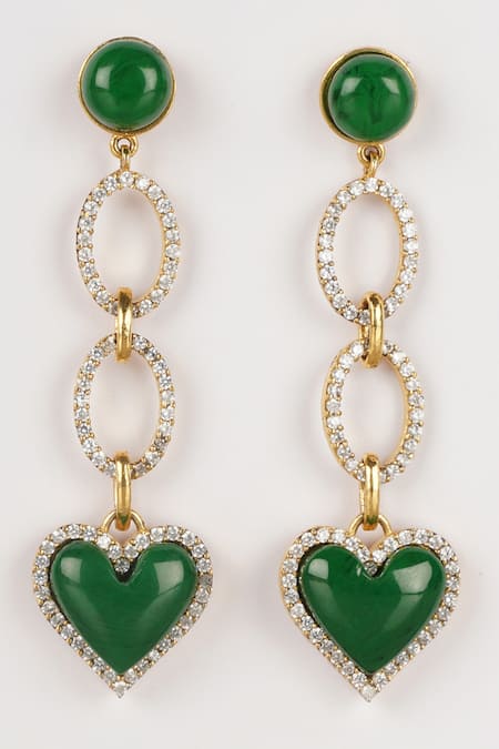 Shop Bijoux By Priya Chandna Green Crystals, Embroidery Enamel Heart Drop Earrings at Aza Fashions Shop_Bijoux By Priya Chandna_Green Crystals, Embroidery Enamel Heart Drop Earrings _at_Aza_Fashions