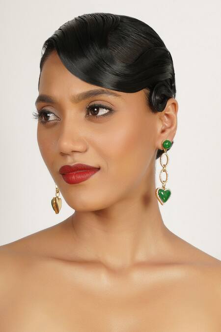 Buy Bijoux By Priya Chandna Green Crystals, Embroidery Enamel Heart Drop Earrings Online at Aza Fashions Buy_Bijoux By Priya Chandna_Green Crystals, Embroidery Enamel Heart Drop Earrings _Online_at_Aza_Fashions