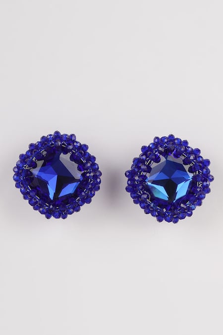 Shop_Bijoux By Priya Chandna_Blue Crystals, Beads Embellished Stud Earrings _at_Aza_Fashions