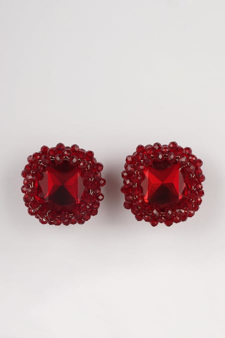 Shop_Bijoux By Priya Chandna_Red Crystals, Beads Embellished Stud Earrings _at_Aza_Fashions