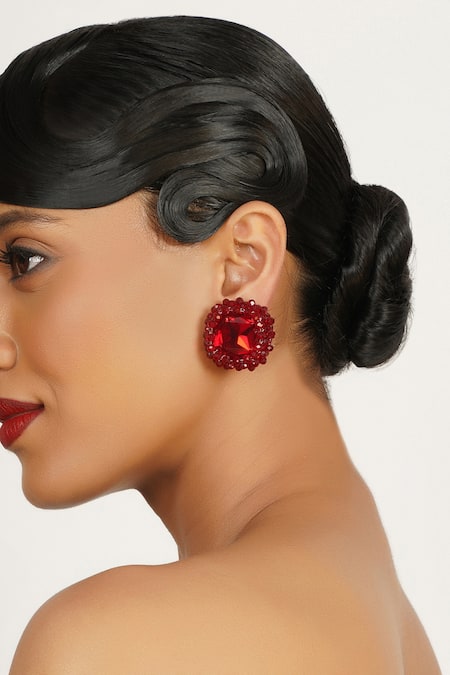 Buy_Bijoux By Priya Chandna_Red Crystals, Beads Embellished Stud Earrings _Online_at_Aza_Fashions