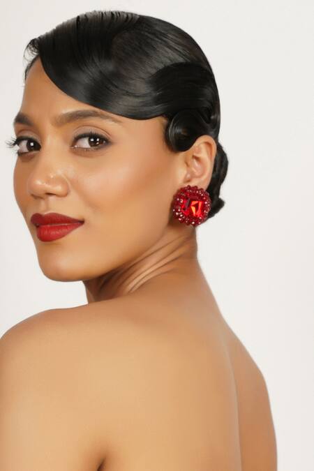 Shop_Bijoux By Priya Chandna_Red Crystals, Beads Embellished Stud Earrings _Online_at_Aza_Fashions