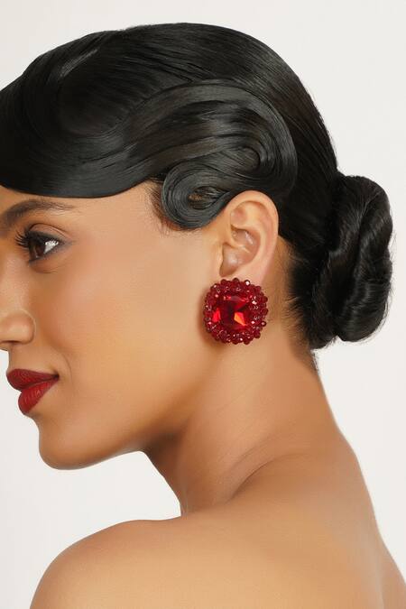 Bijoux By Priya Chandna_Red Crystals, Beads Embellished Stud Earrings _at_Aza_Fashions