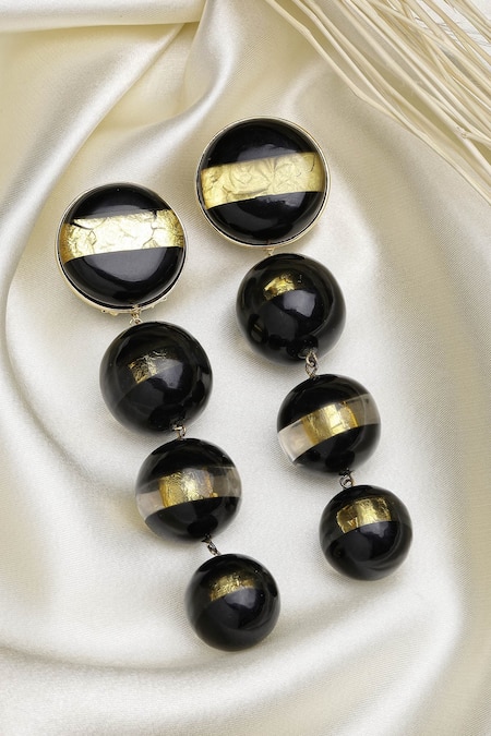 Shop_Bijoux By Priya Chandna_Black Crystals Resin Dangler Earrings _at_Aza_Fashions