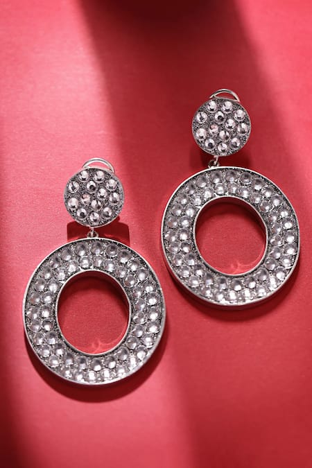 Shop_Bijoux By Priya Chandna_Silver Plated Crystals Studded Hoop Dangler Earrings _at_Aza_Fashions
