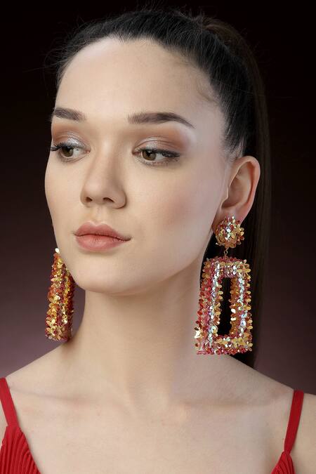 Bijoux By Priya Chandna_Gold Plated Sequins, Beads Embellished Dangler Earrings _Online_at_Aza_Fashions