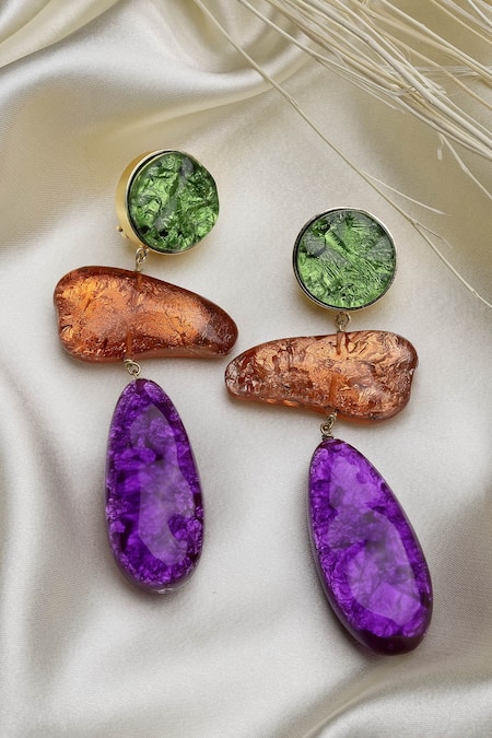 Shop_Bijoux By Priya Chandna_Purple Metallic Resin Drop Earrings _at_Aza_Fashions