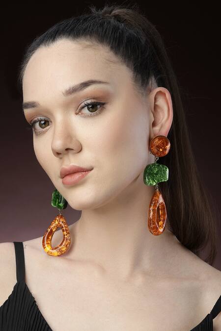 Buy_Bijoux By Priya Chandna_Orange Metallic Thread Geometric Resin Earrings _Online_at_Aza_Fashions