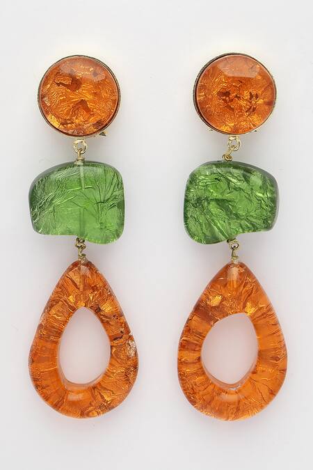 Shop_Bijoux By Priya Chandna_Orange Metallic Thread Geometric Resin Earrings _Online_at_Aza_Fashions