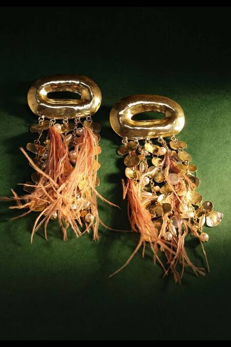 Shop_Bijoux By Priya Chandna_Gold Plated Pearls, Feathers Tassel Earrings _at_Aza_Fashions